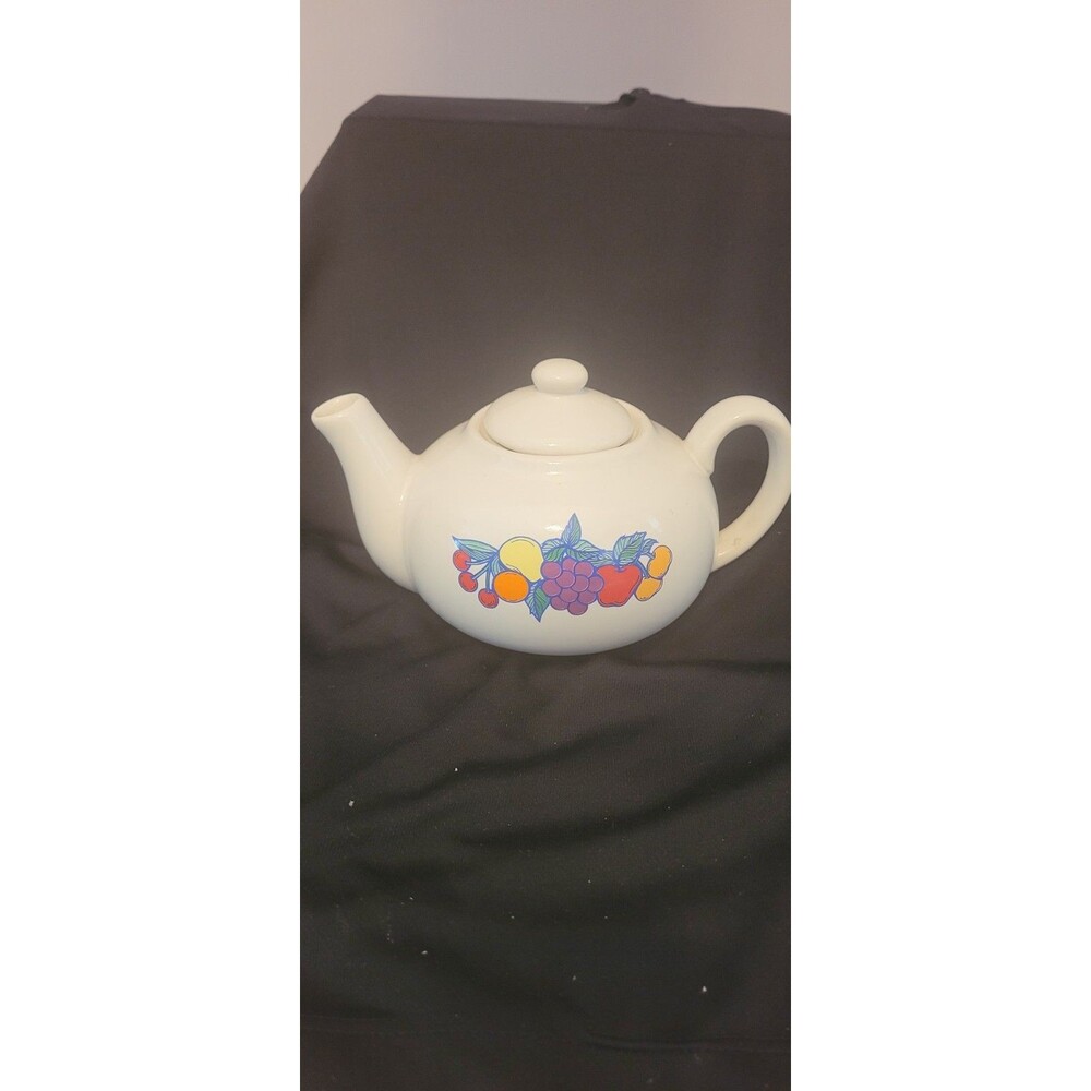 Vintage  Boho Betallic Inc. Fruit Design Small White Tea Pot 5" x 4"